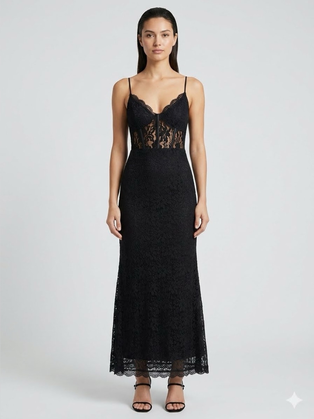 AQUA Black Lace Corset Bustier Maxi Dress Gown Size L
